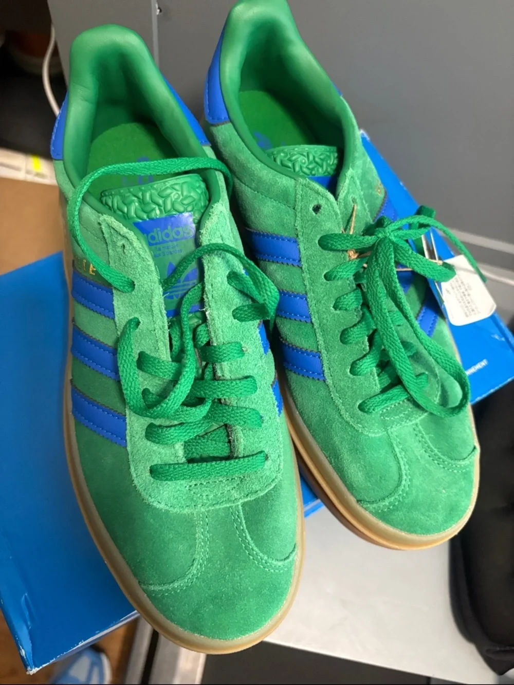 adidas Green Suede Gazelle Bold Platform Sneakers with Blue Stripes NWT - Picture 5 of 10